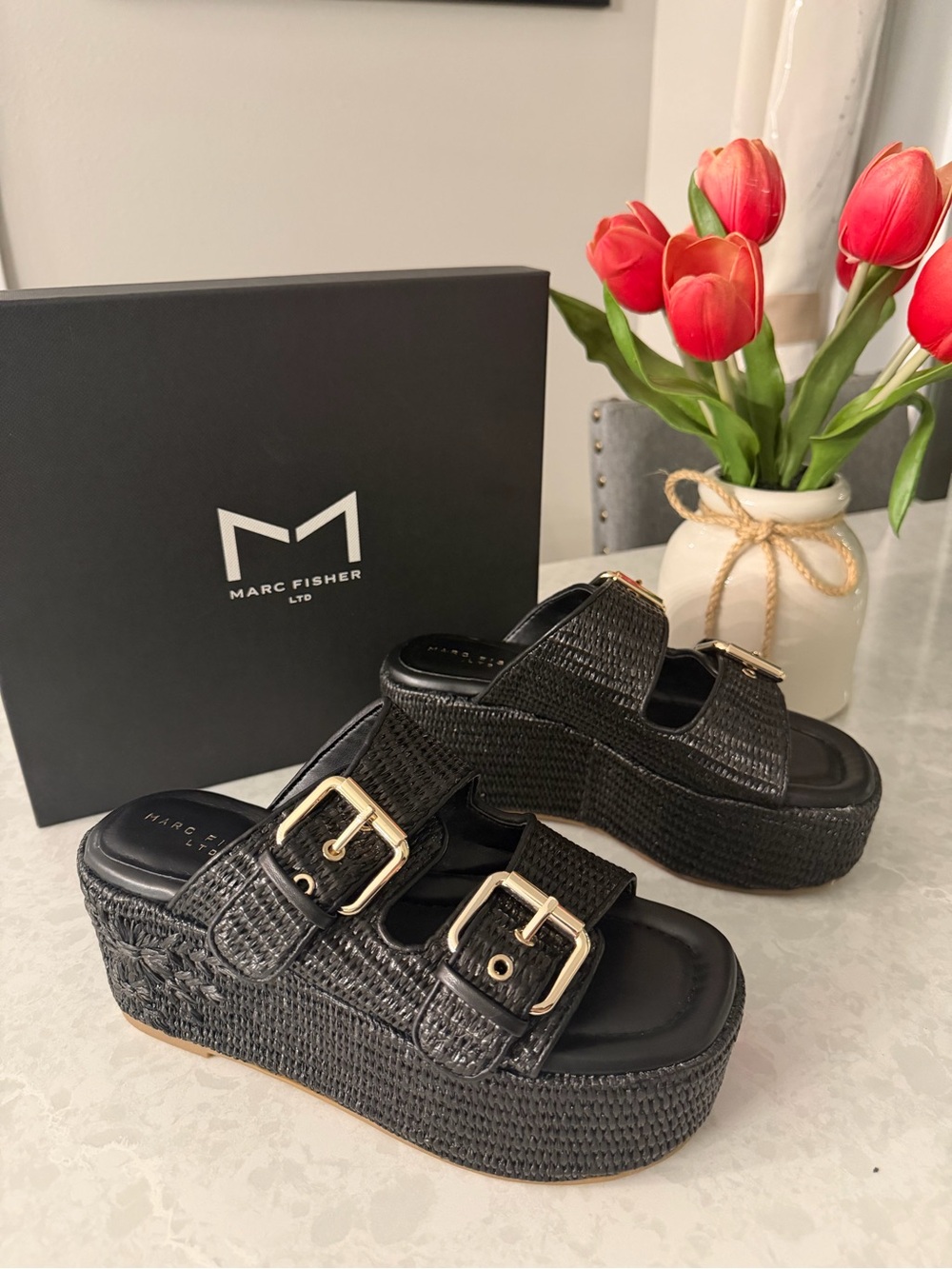 Marc Fisher 🖤 “Poppy” Woven Platform Slide Sandals with Gold Buckles